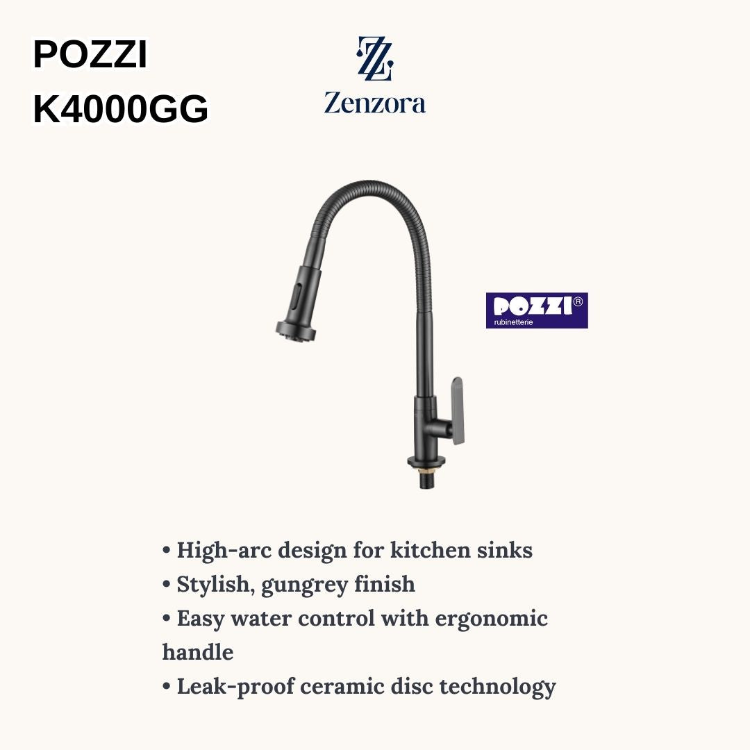 POZZI K4000GG Gun Grey Flexible Gooseneck Kitchen Sink Tap
