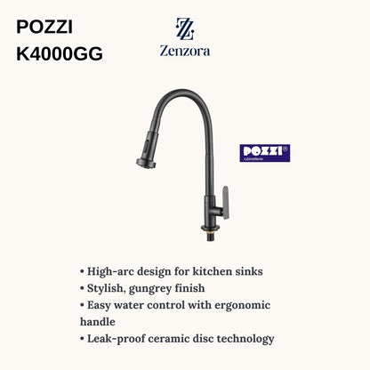 POZZI K4000GG Gun Grey Flexible Gooseneck Kitchen Sink Tap
